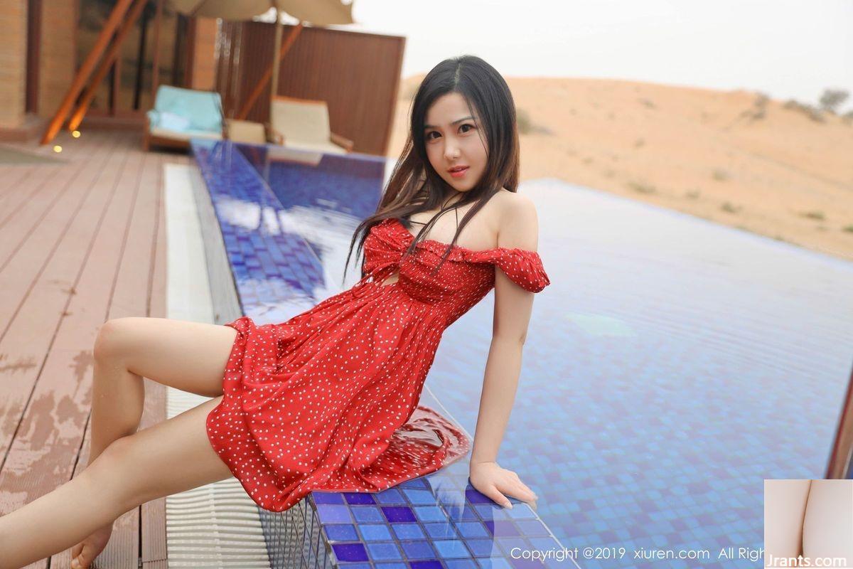 La bella Xu Weiwei con vestido rojo se moja y se deja seducir en una piscina en el desierto (53P)