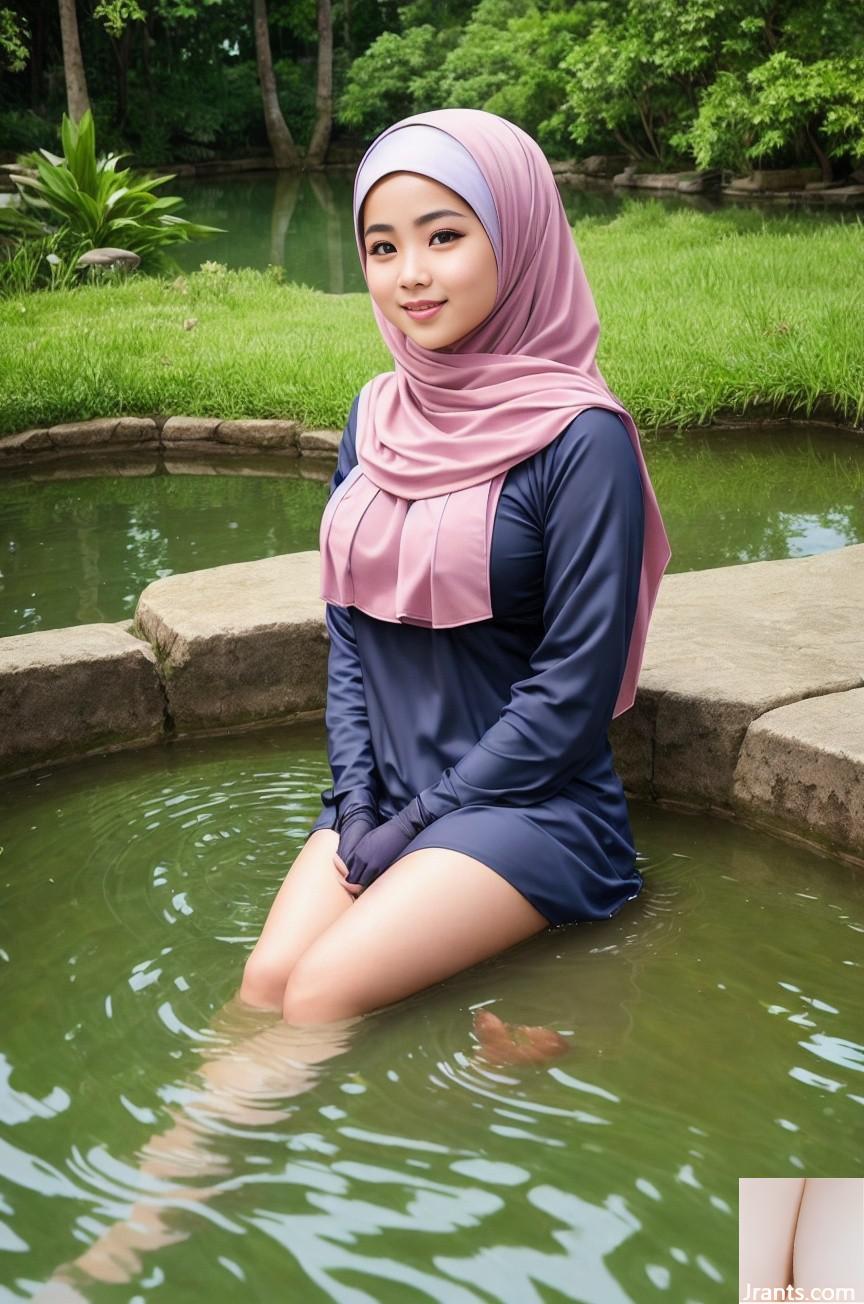 Hijabi che si rinfresca vicino allo stagno