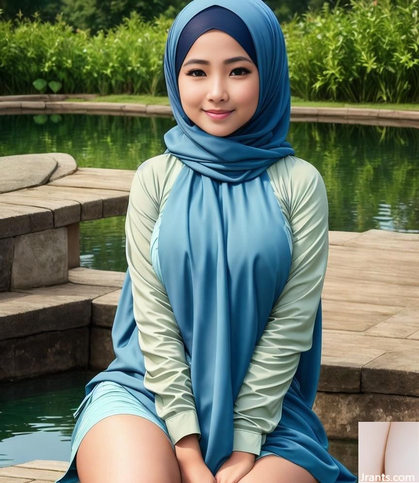 Hijabi che si rinfresca vicino allo stagno