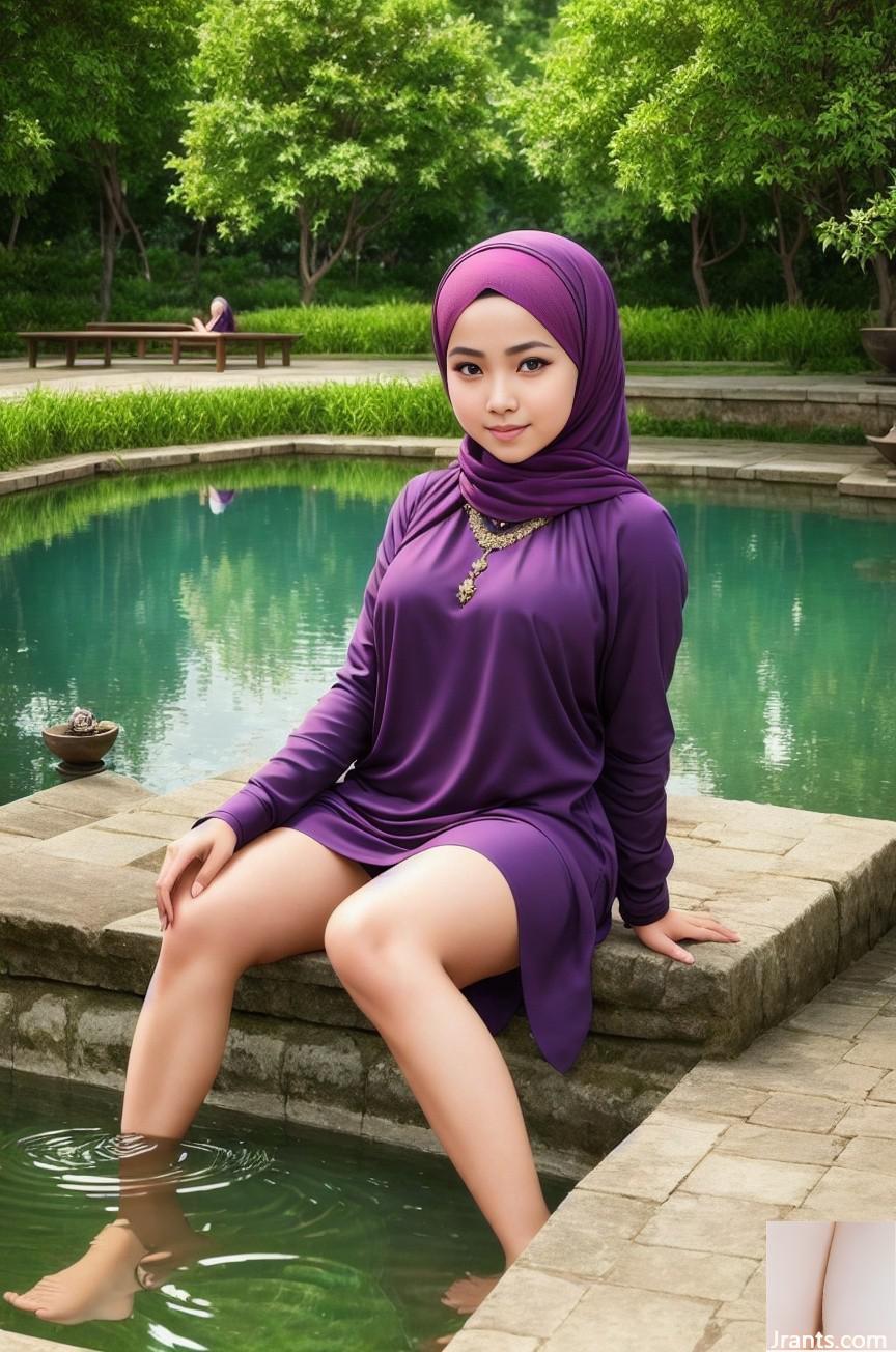 Hijabi che si rinfresca vicino allo stagno