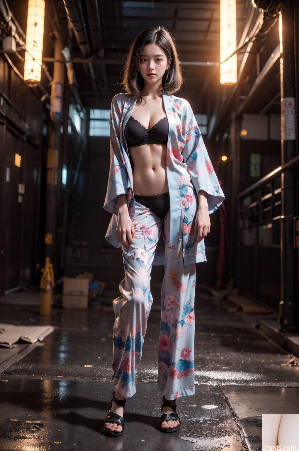 Fille kimono en vrai urbain