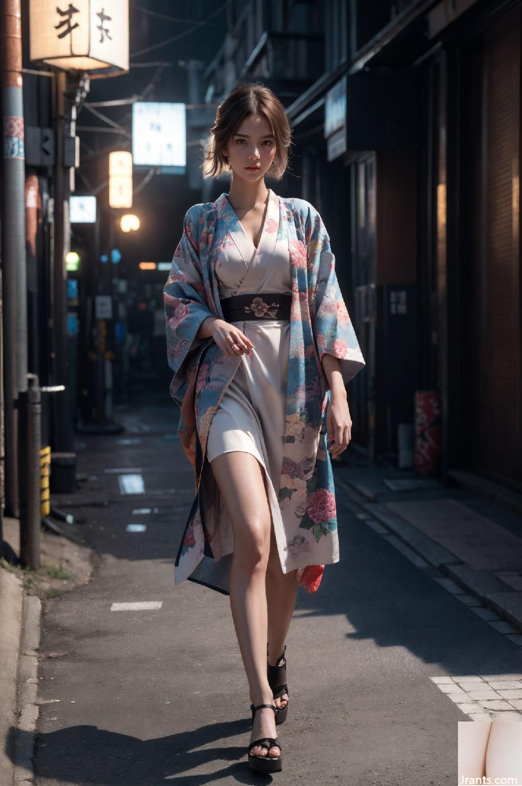 Fille kimono en vrai urbain