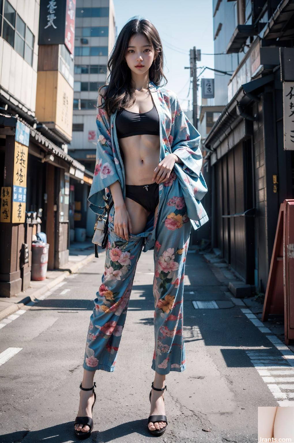 Fille kimono en vrai urbain