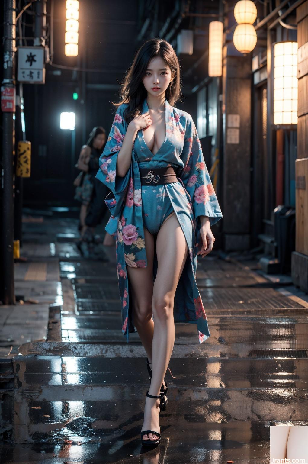 Fille kimono en vrai urbain