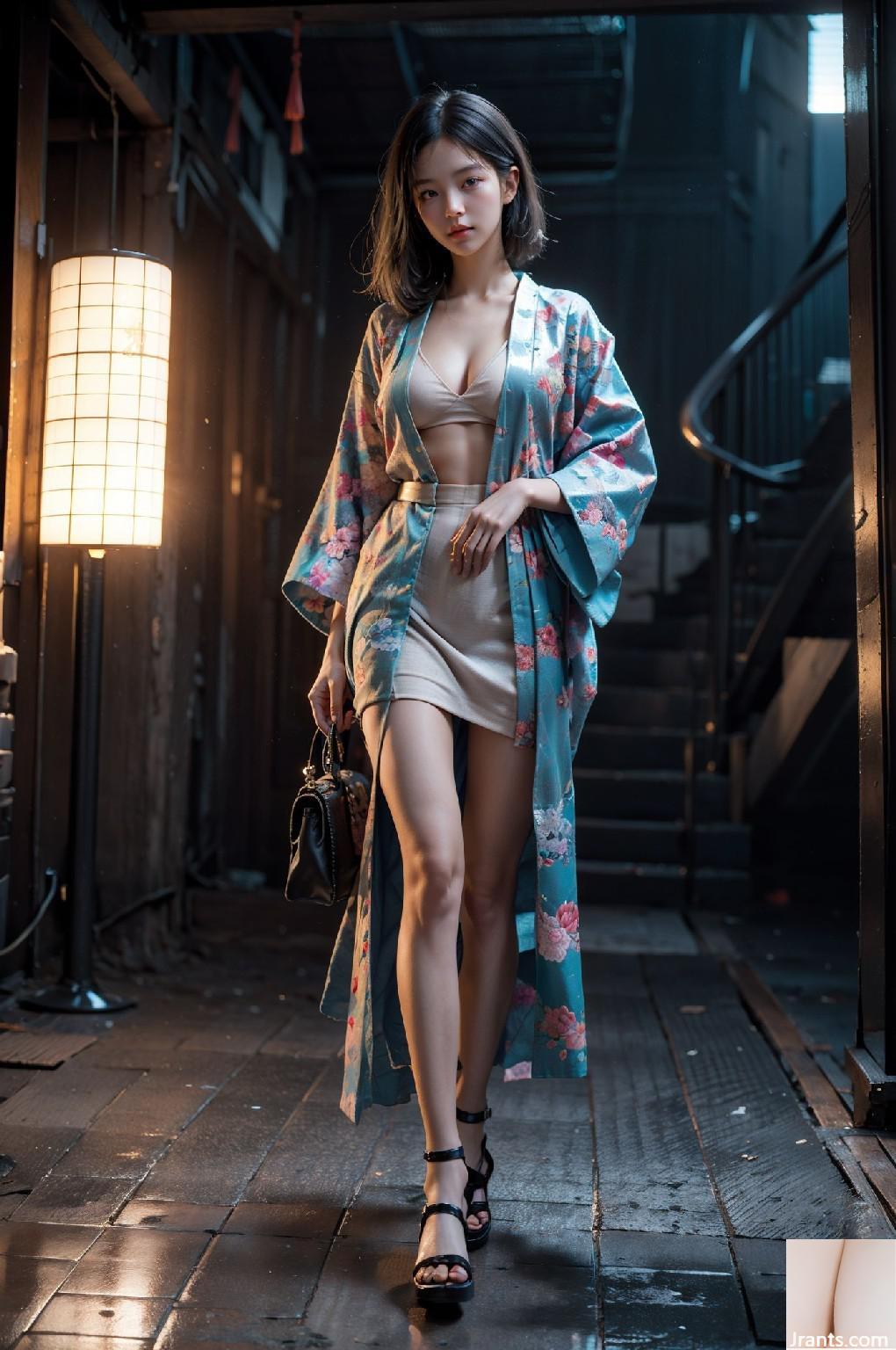 Fille kimono en vrai urbain