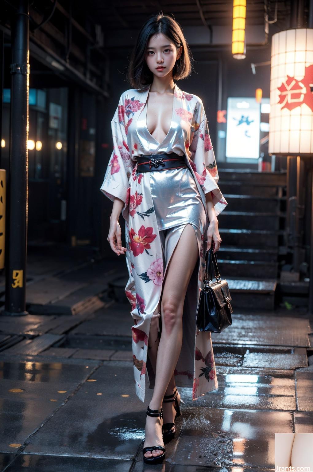 Fille kimono en vrai urbain